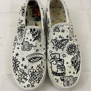 Womens White Slip-On Canvas Shoes with Black Tattoo Print